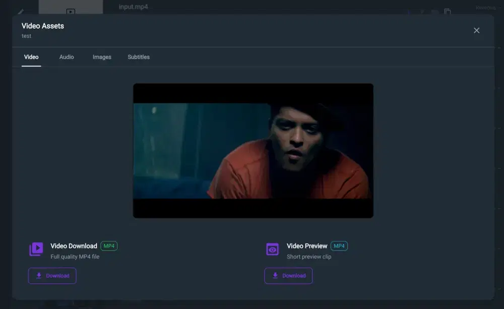 Creator Studio video assets panel with download options