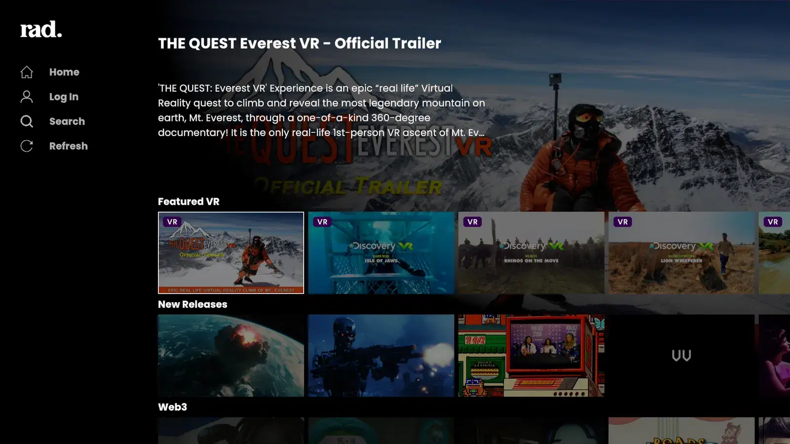 The standard Rad TV app on PS5 showing Featured VR titles from Discovery VR