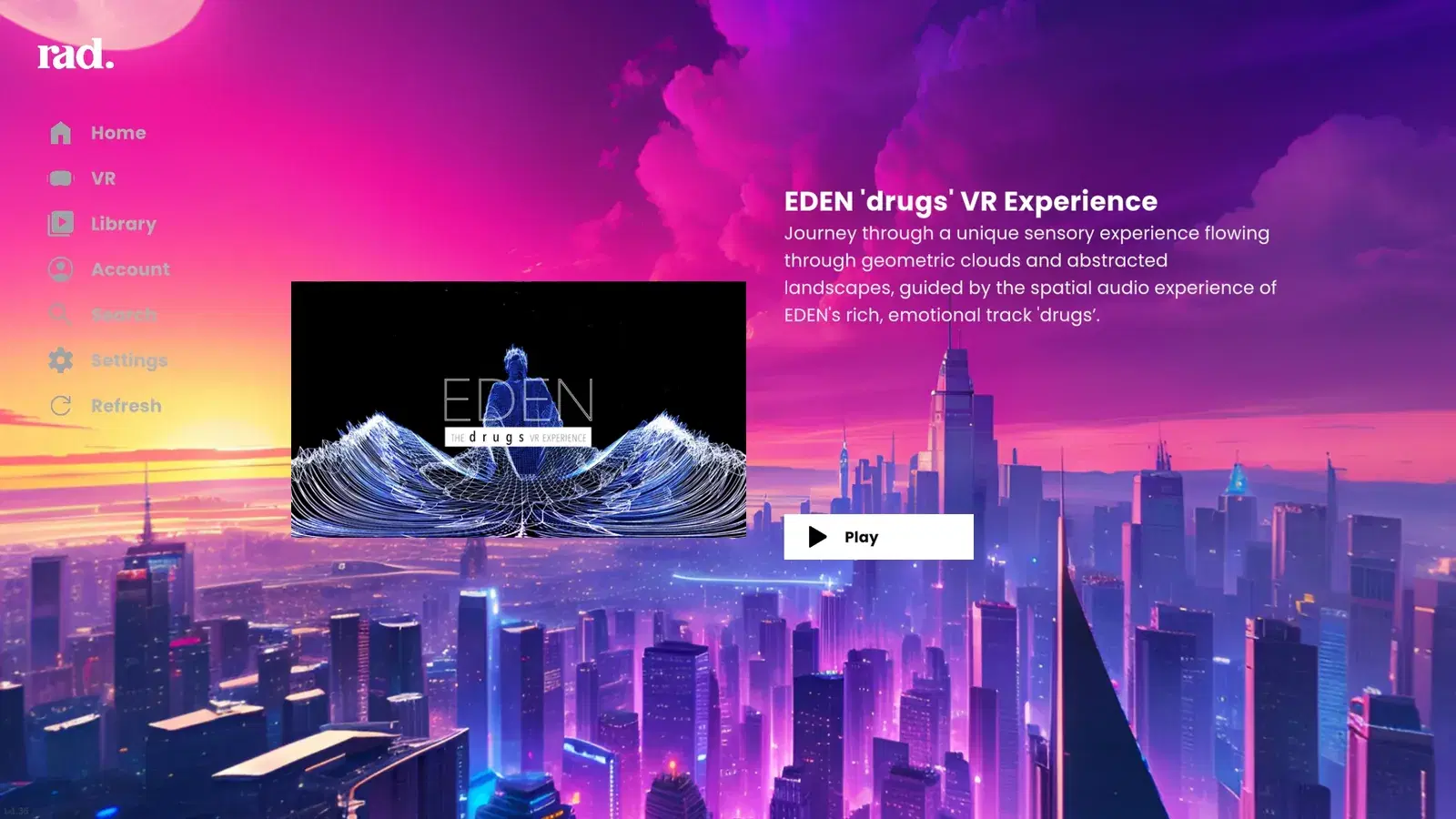 The Rad TV VR app home screen in PS VR2 with Home, VR, Library, Account, Search and Settings in the sidebar