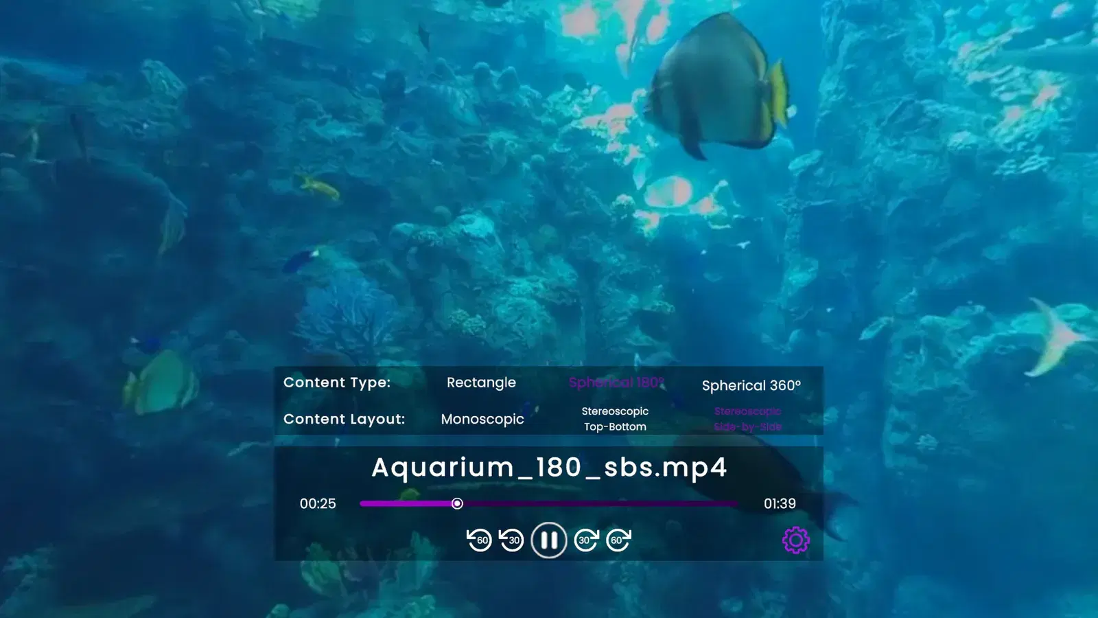 Rad TV playing a 180 degree side-by-side video in PS VR2, with the Content Type and Content Layout settings open